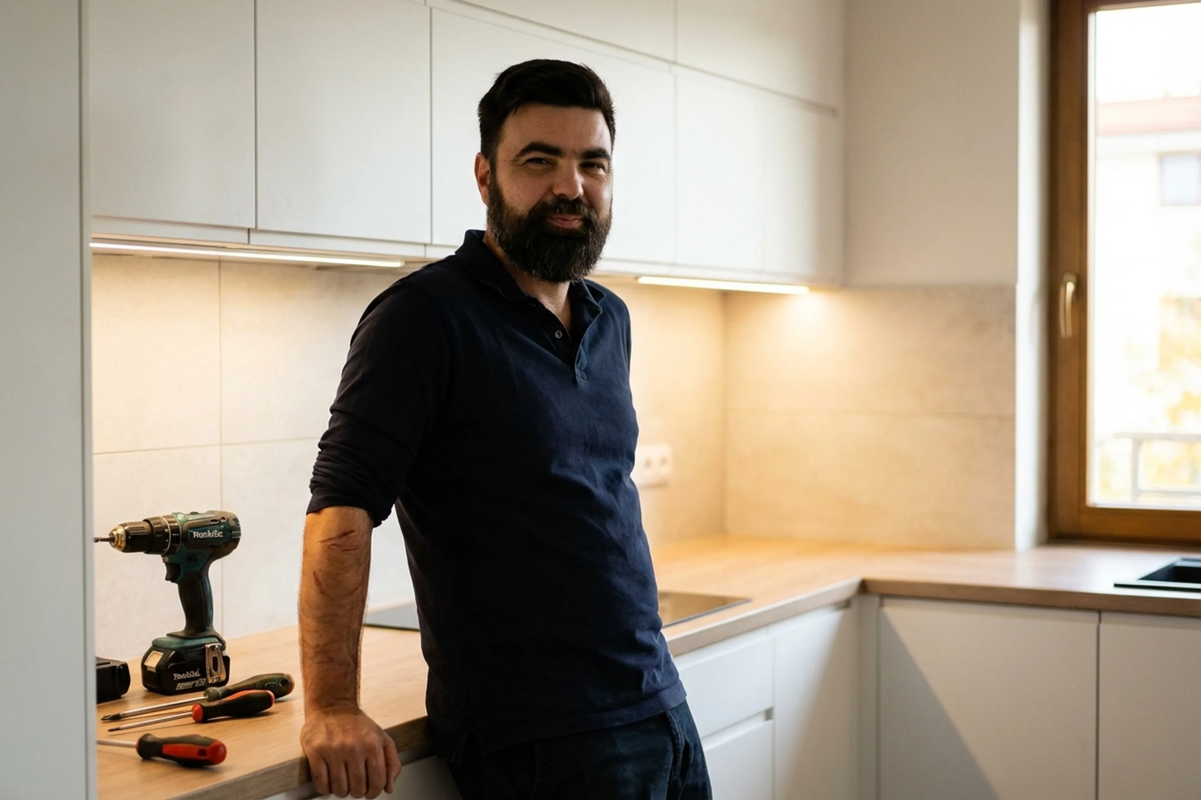 Соединение столешниц на кухне в Варшаве: мастер HandyMan24 за работой