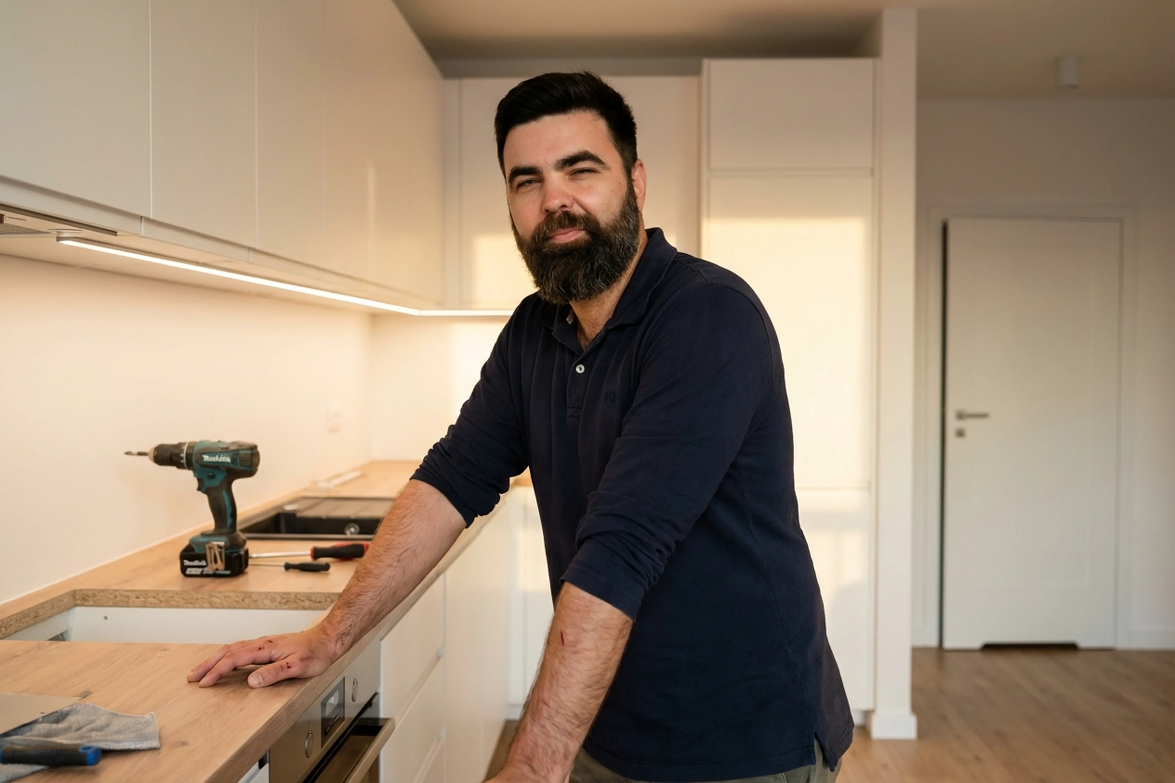 Монтаж кухонной столешницы в Варшаве, мастер HandyMan24 за работой
