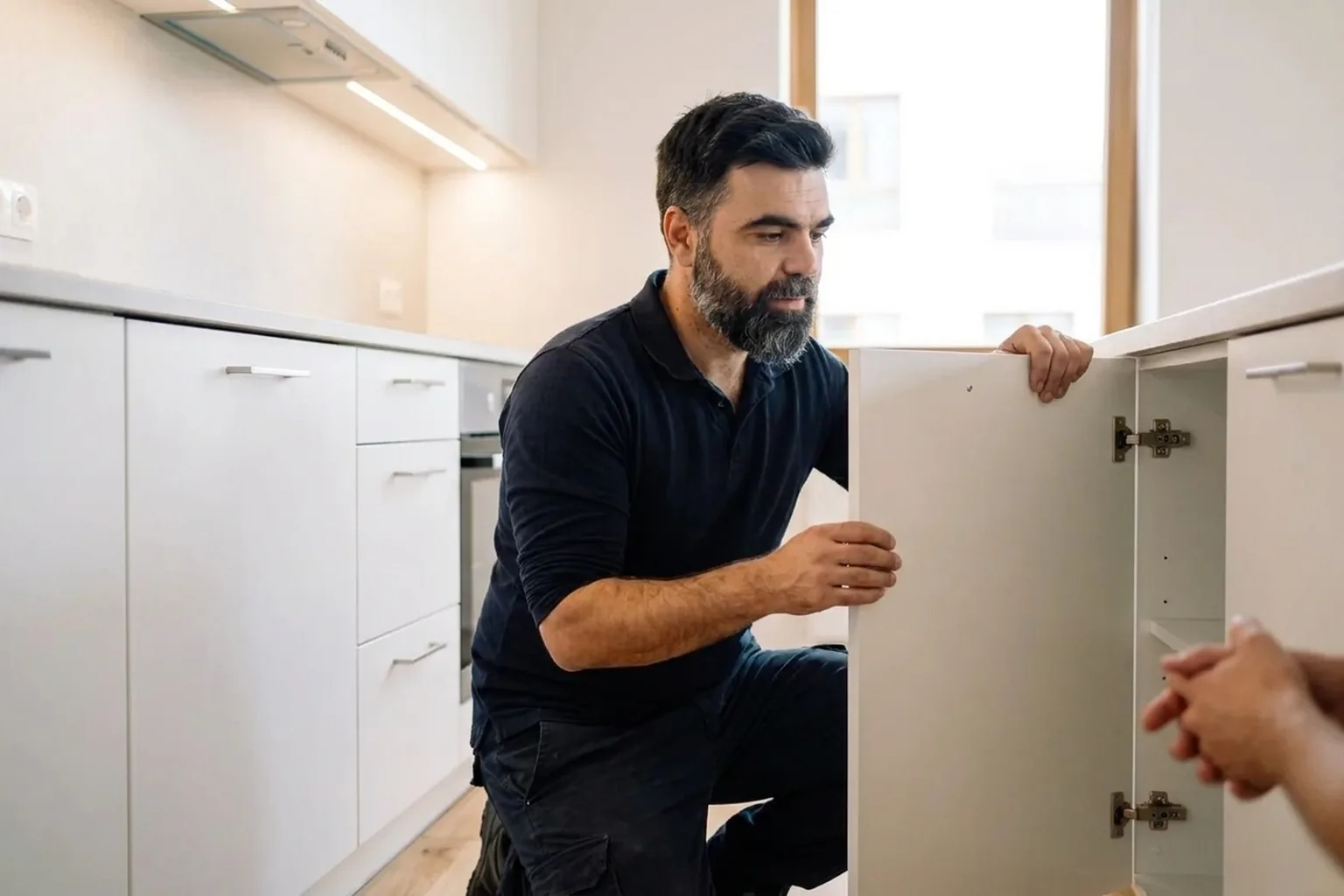 Заміна петель на кухонних шафах у Варшаві, майстер HandyMan24 за роботою