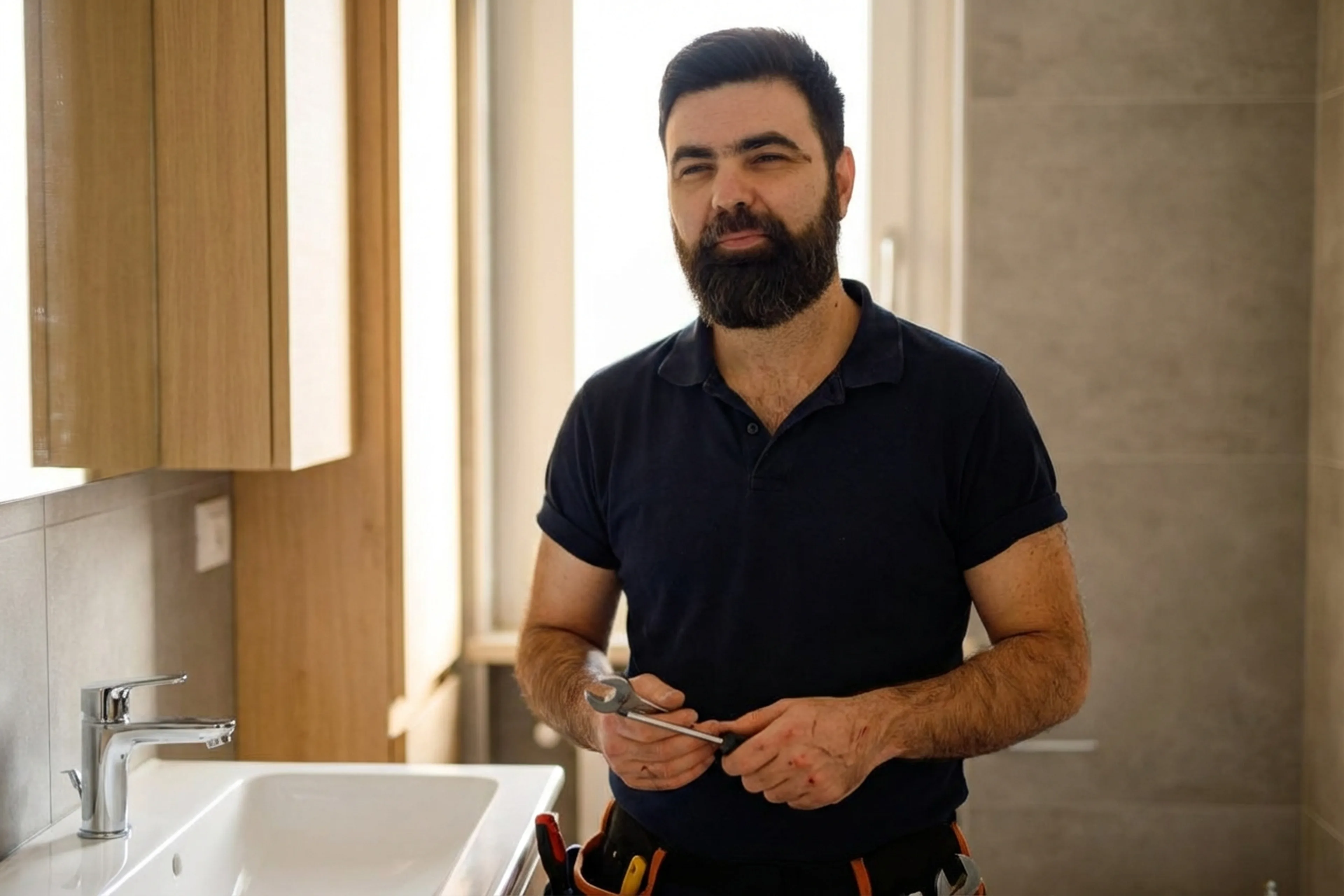 Замена смесителя умывальника в Варшаве, мастер HandyMan24 за работой