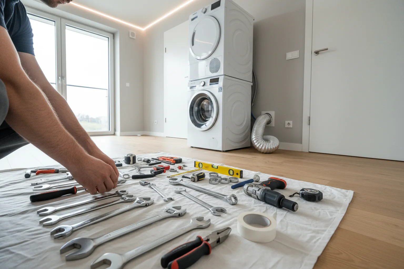 Підключення сушильної машини у Варшаві, майстер HandyMan24 за роботою