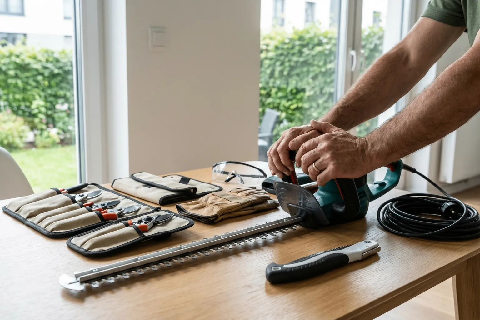Стрижка живоплоту та обрізка дерев у Варшаві, майстер HandyMan24 за роботою