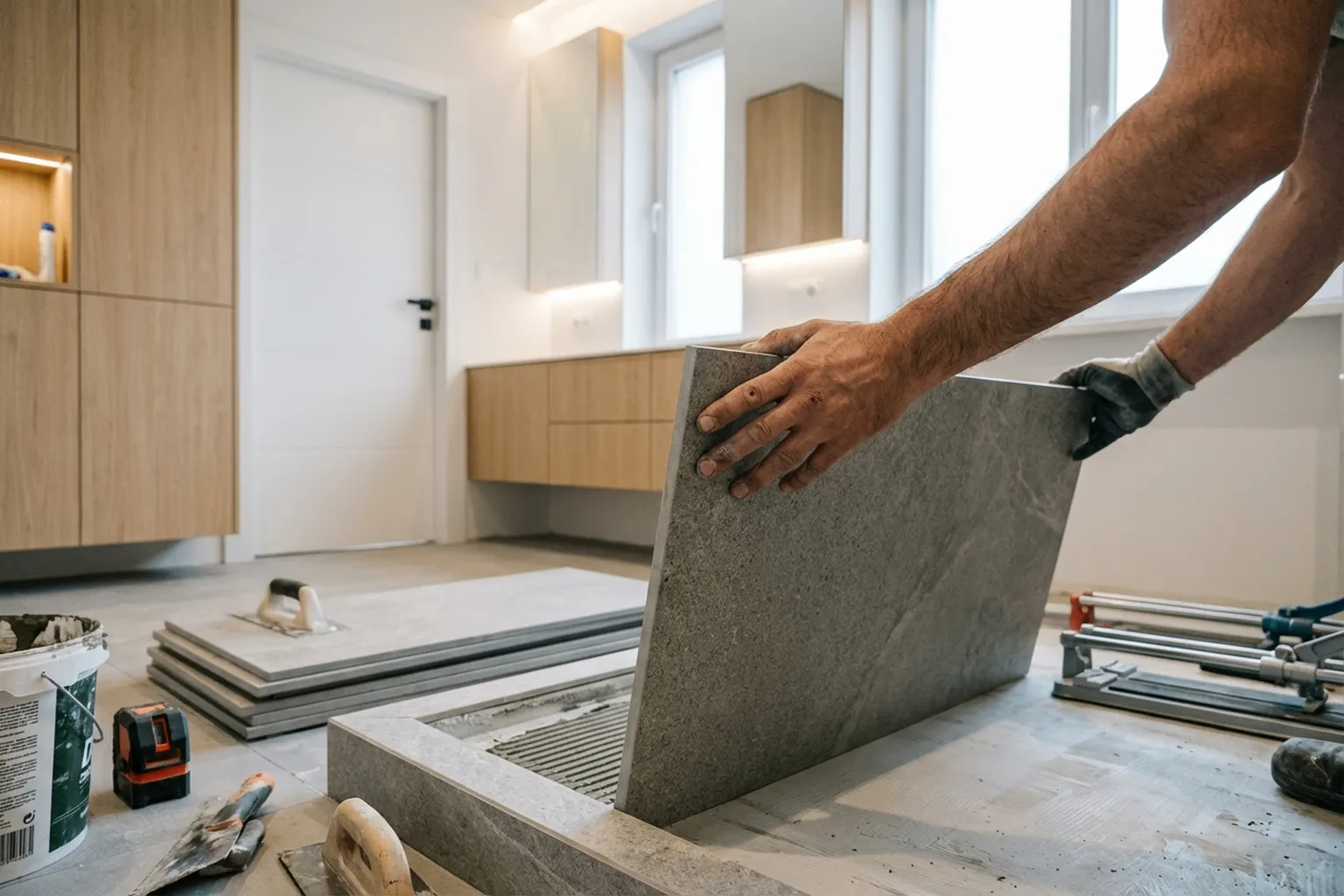 Shower Base Sintered Stone Tiling in Warsaw: before the work starts