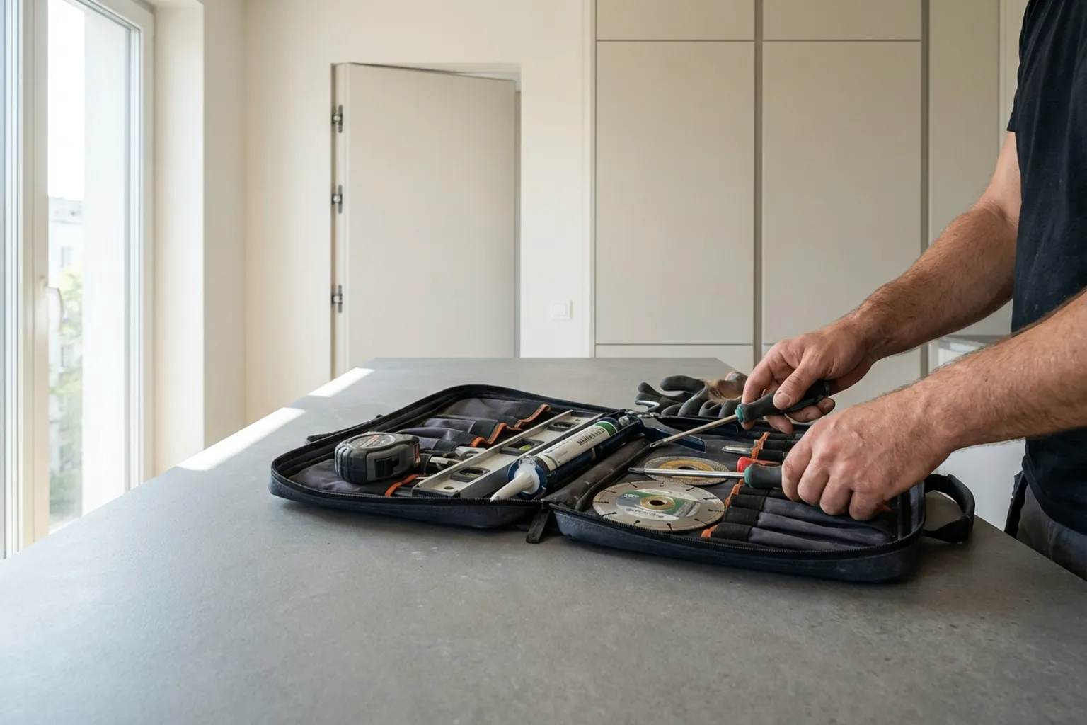 Large Format Tile Countertop in Warsaw: the handyman at work