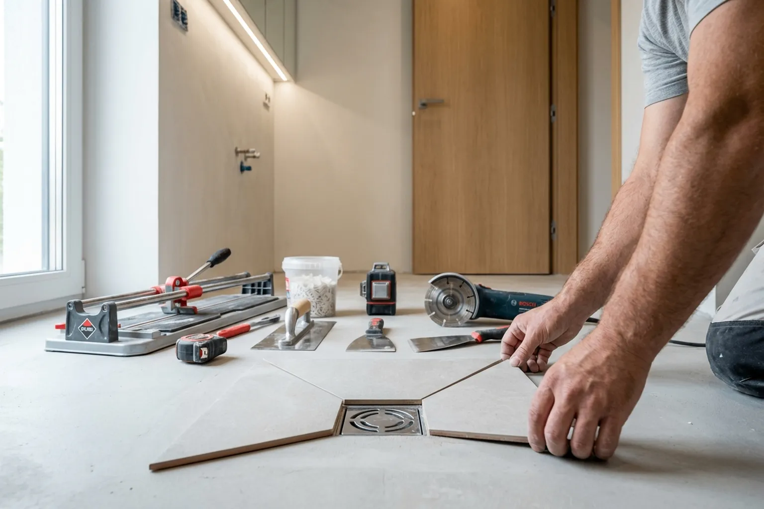 Конверт із плитки у душовій у Варшаві, майстер HandyMan24 за роботою