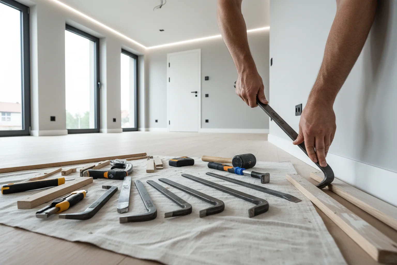 Демонтаж підлогових плінтусів у Варшаві, майстер HandyMan24 за роботою