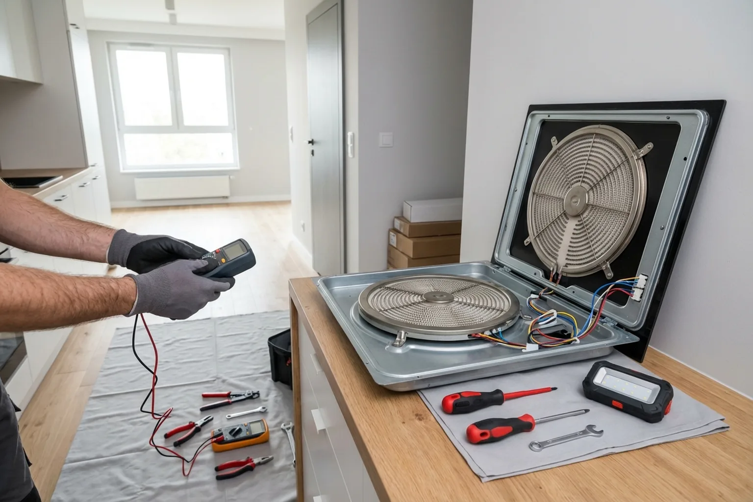 Замена конфорки электроплиты в Варшаве, мастер HandyMan24 за работой