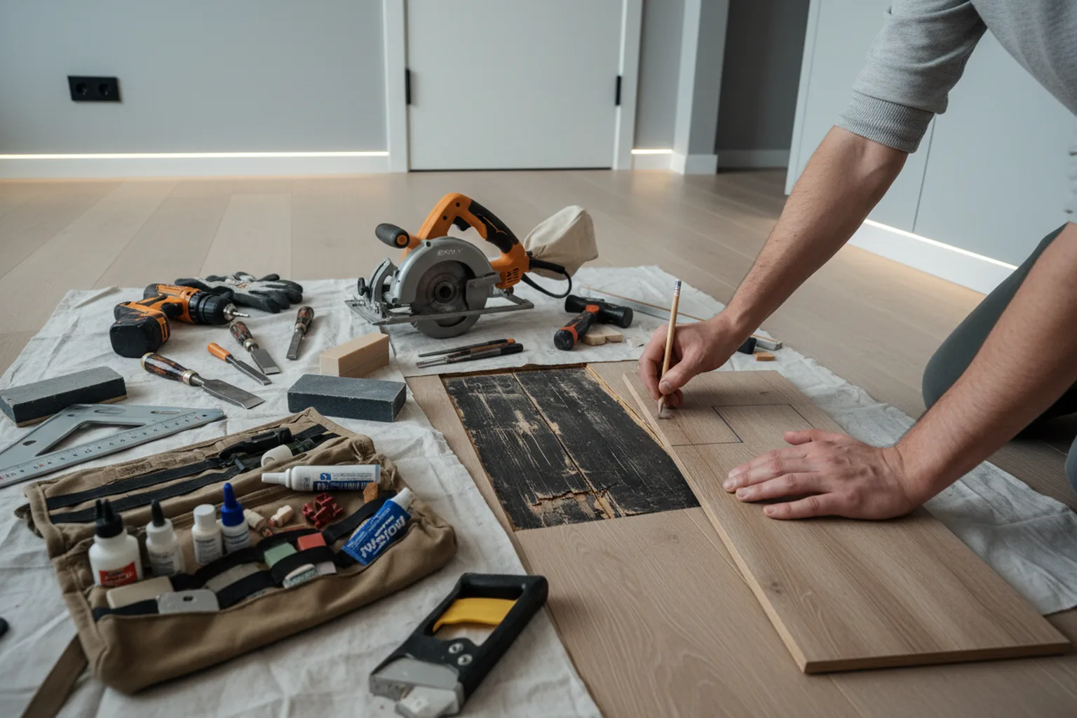 Wymiana paneli podłogowych w Warszawie, fachowiec HandyMan24 przy pracy