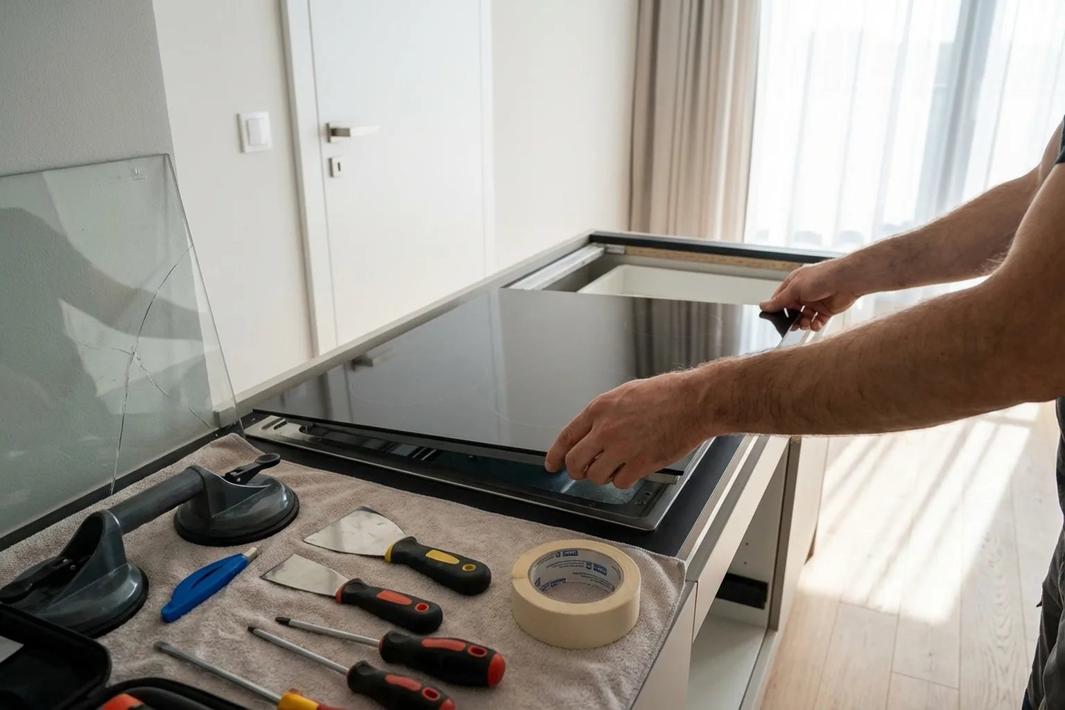 Замена стеклокерамики электроплиты в Варшаве, мастер HandyMan24 за работой
