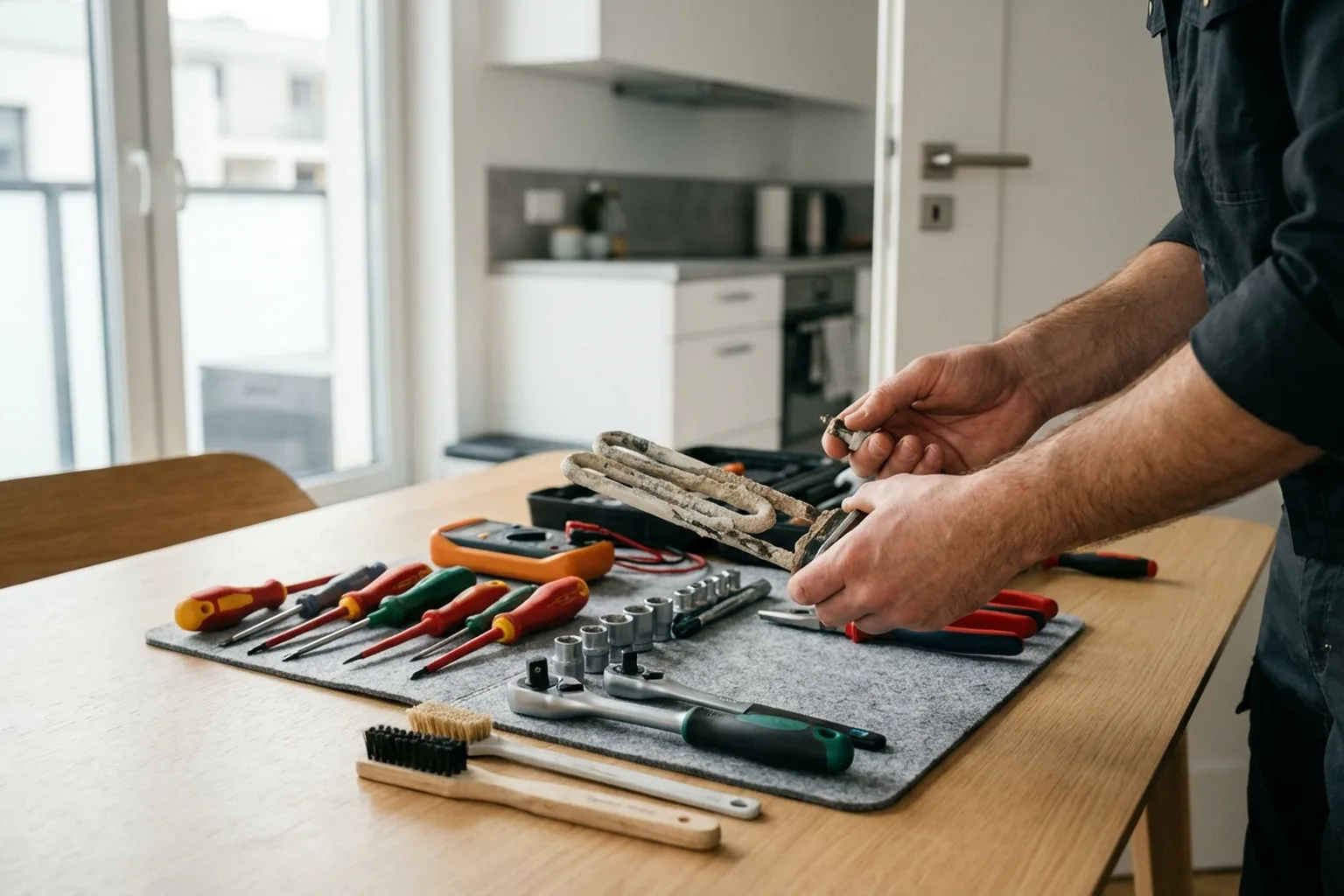 Замена ТЭНа стиральной машины в Варшаве, мастер HandyMan24 за работой