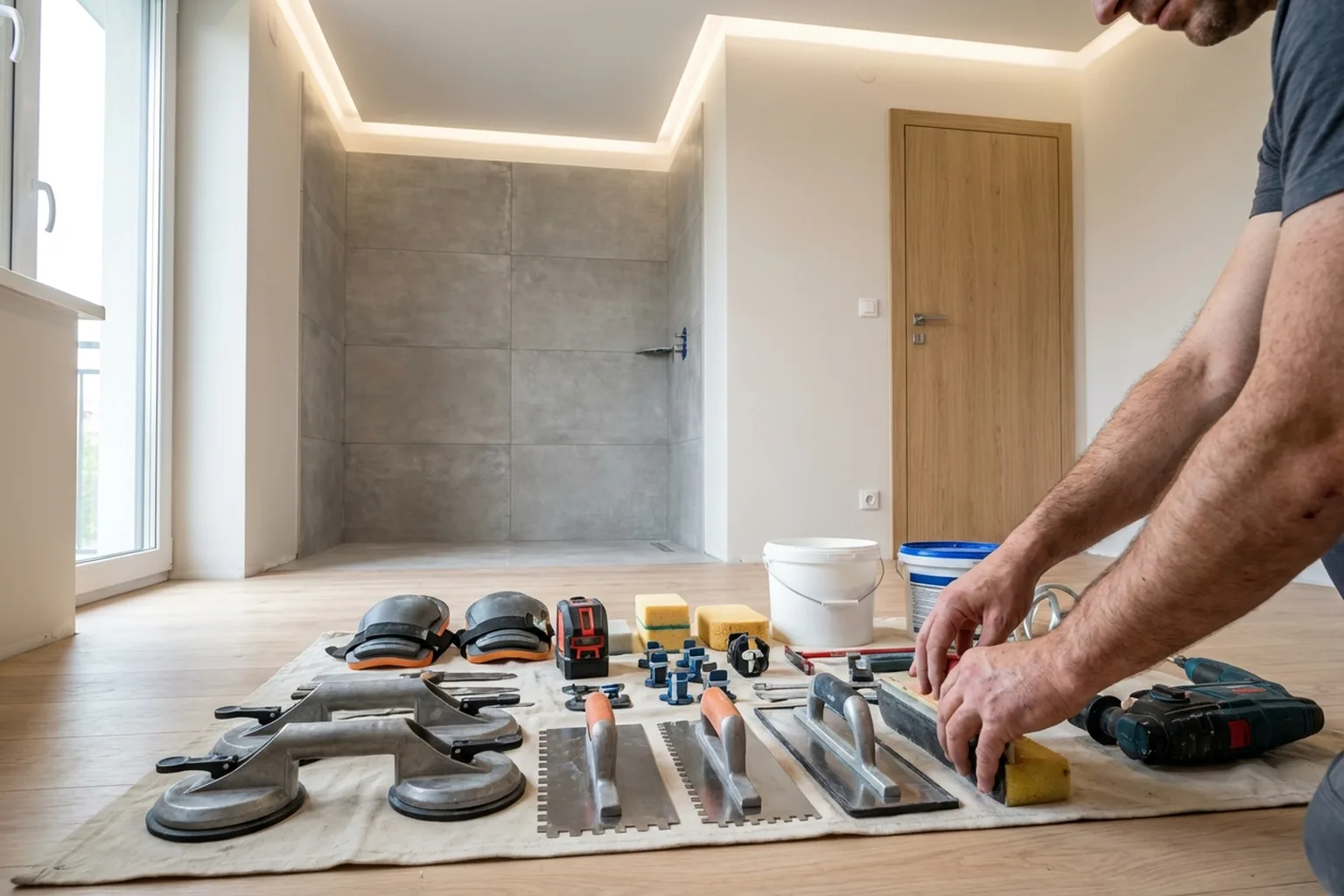 Large Format Wall Tile Installation in Warsaw, a HandyMan24 handyman at work