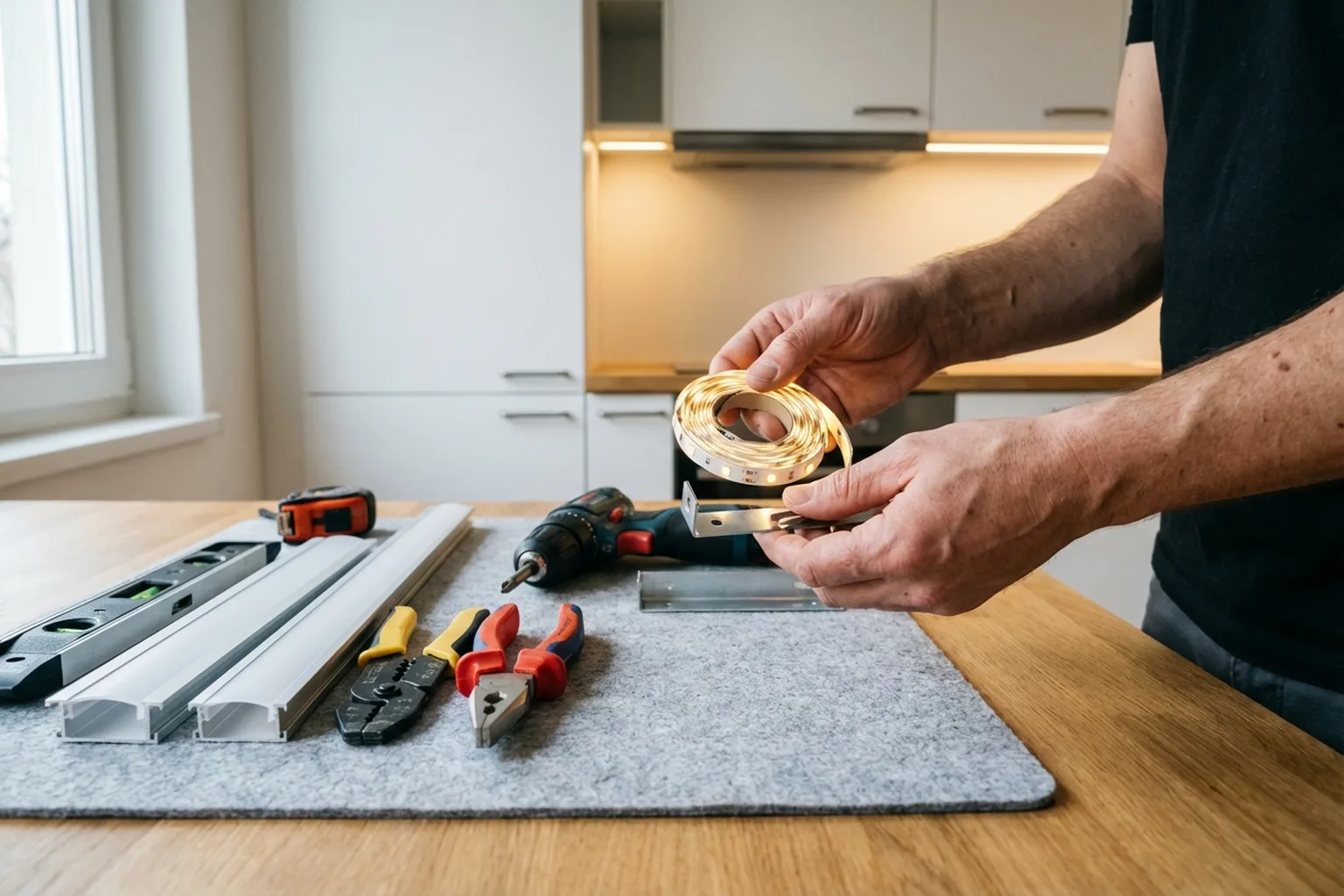 Монтаж світлодіодної стрічки у Варшаві, майстер HandyMan24 за роботою