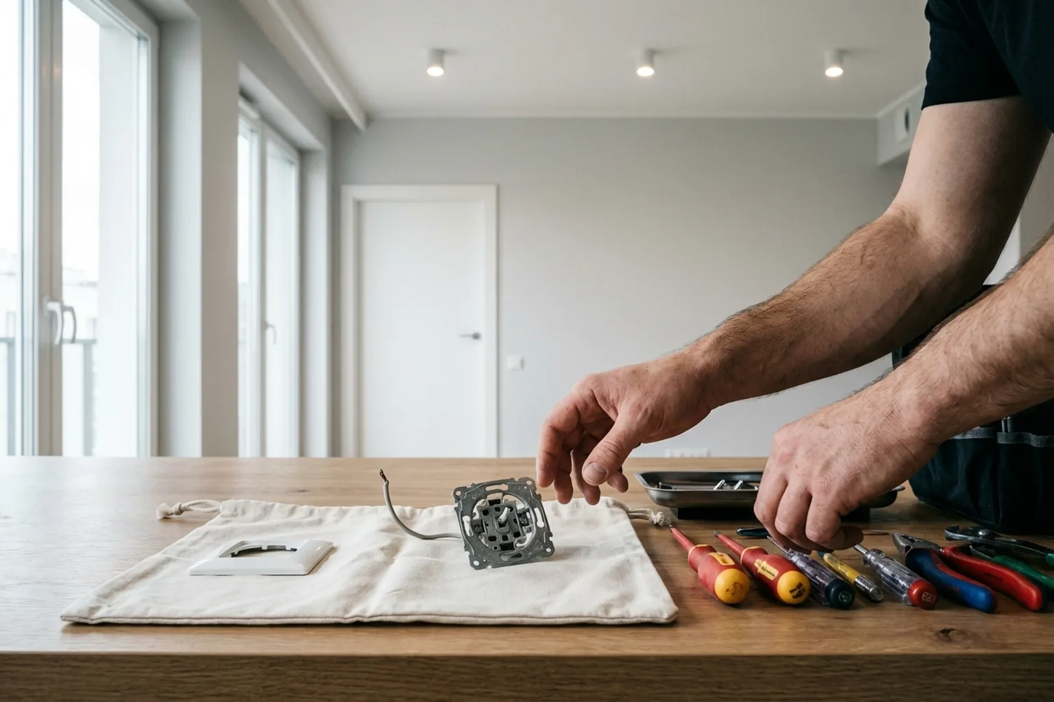 Ремонт выключателя света в Варшаве: мастер HandyMan24 за работой