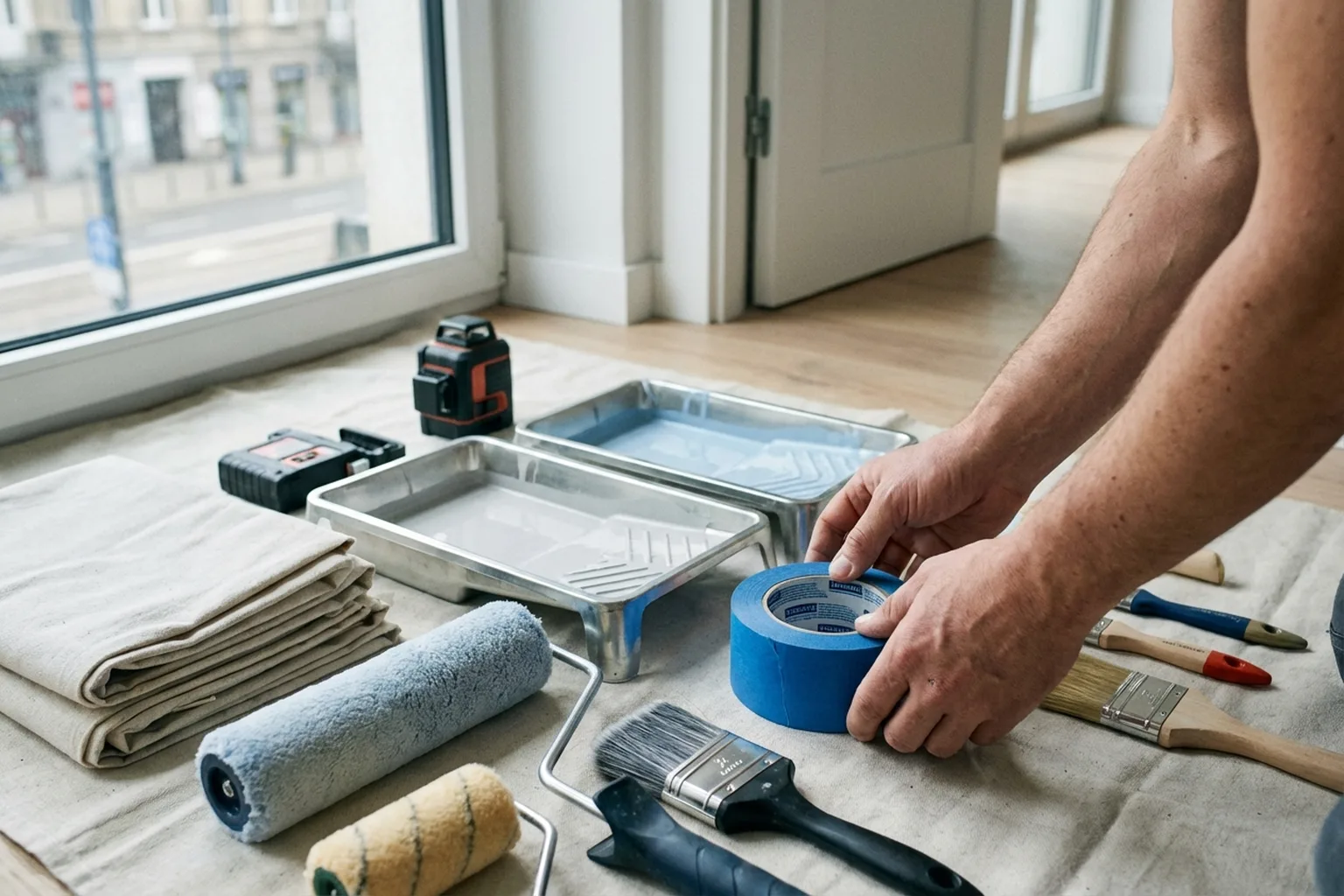 Покраска стен в разные цвета в Варшаве: мастер HandyMan24 за работой