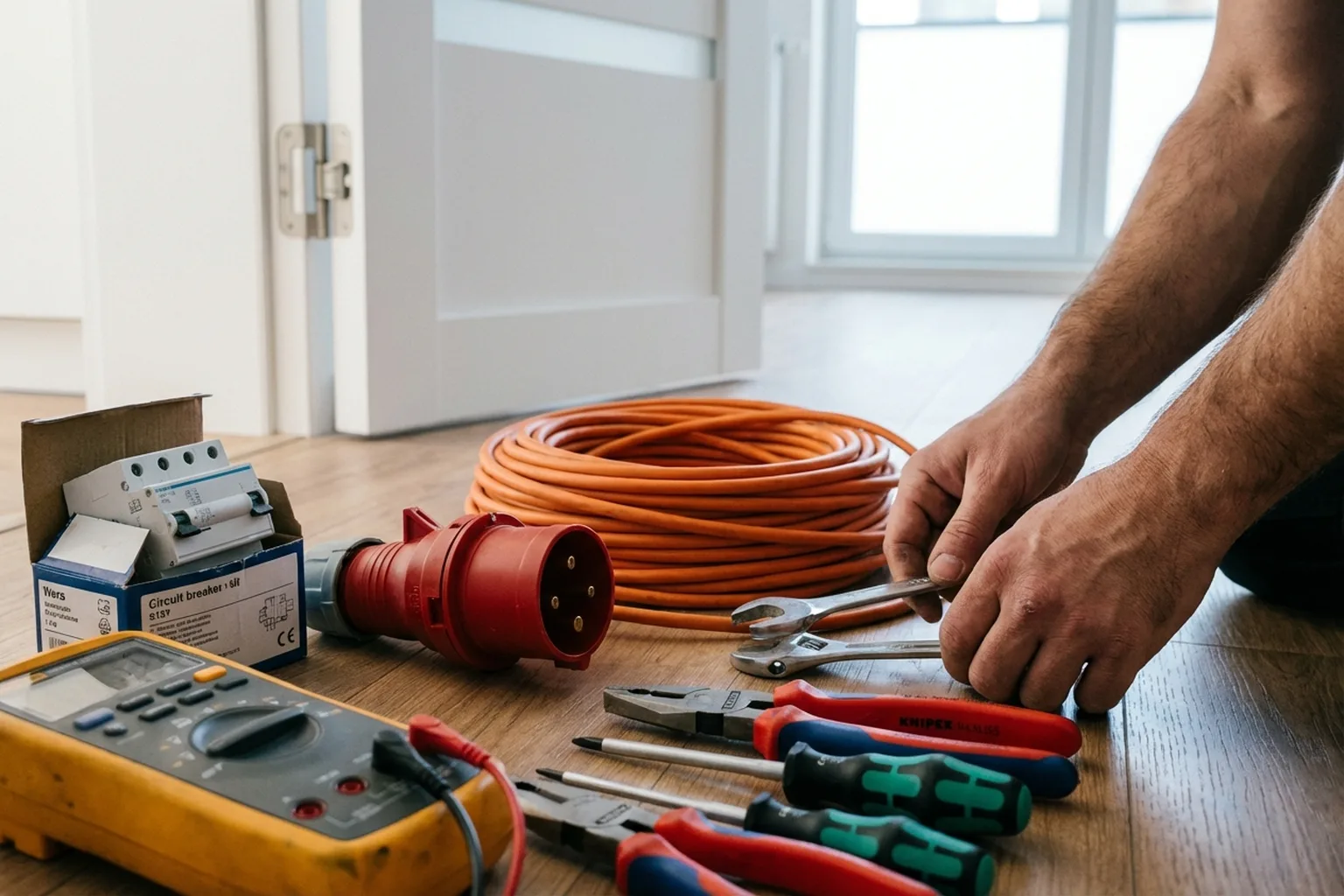 Монтаж силової розетки 230/400 В у Варшаві, майстер HandyMan24 за роботою