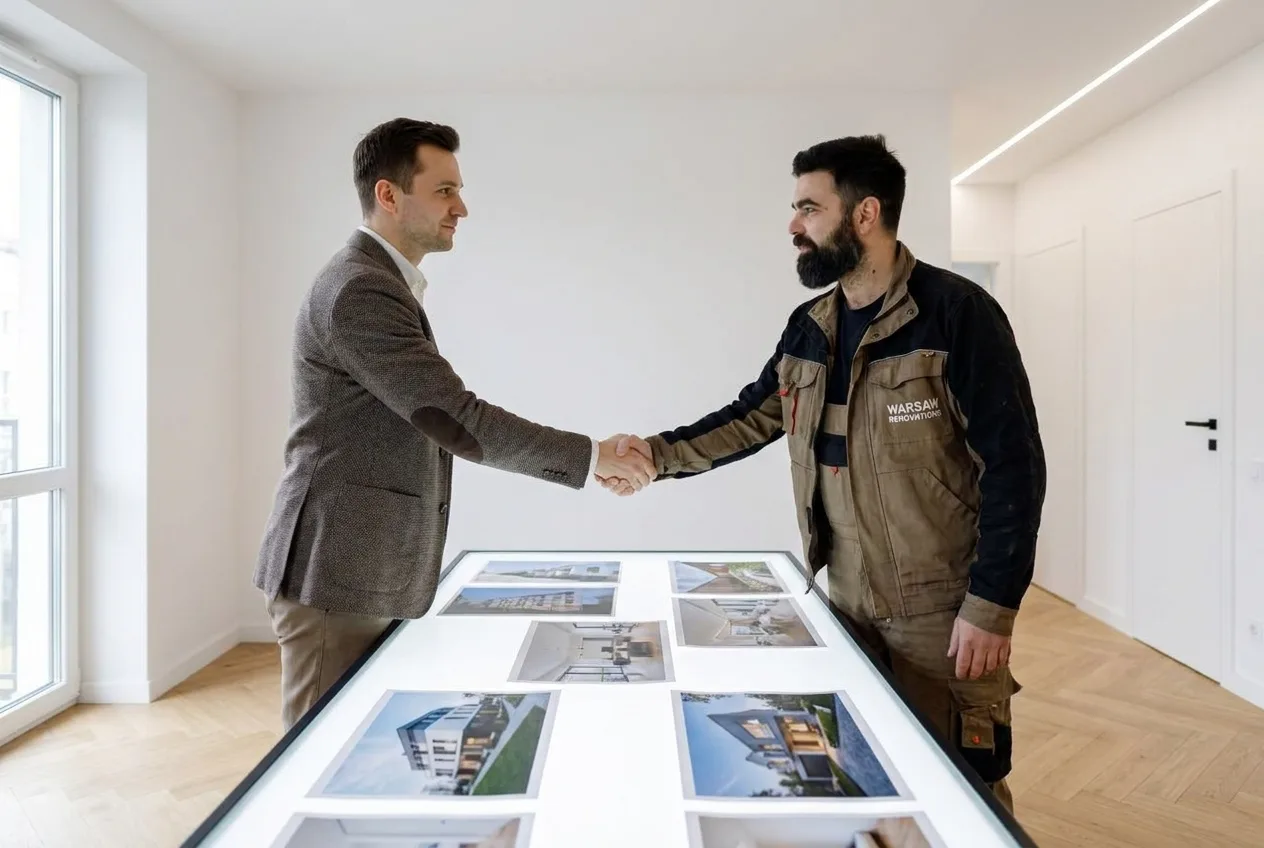 Projektant i fachowiec nad planami mieszkania