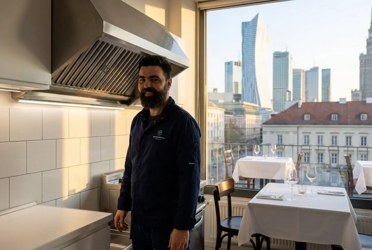 Fachowiec sprawdza okap w kuchni restauracji