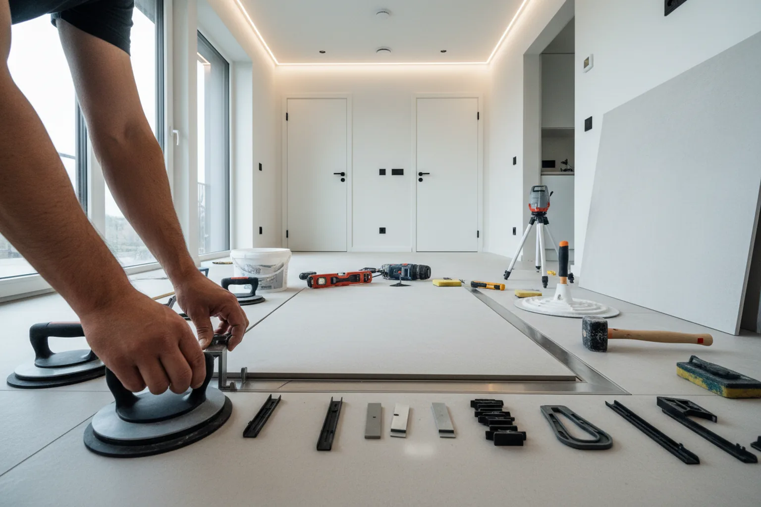 Shower Base Tiling with Large Format Tiles in Warsaw, a HandyMan24 handyman at work