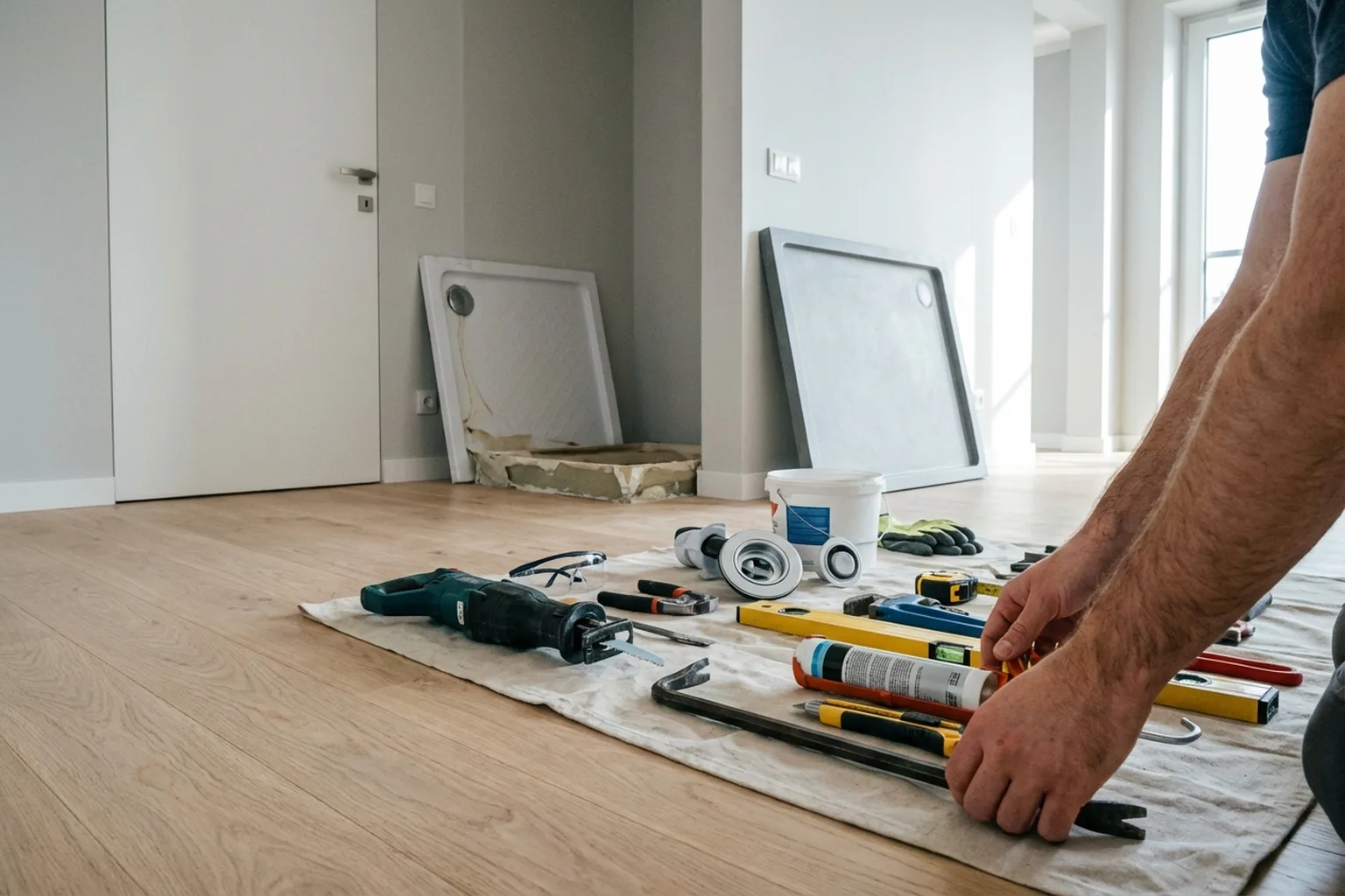 Замена душевого поддона в Варшаве: мастер HandyMan24 за работой