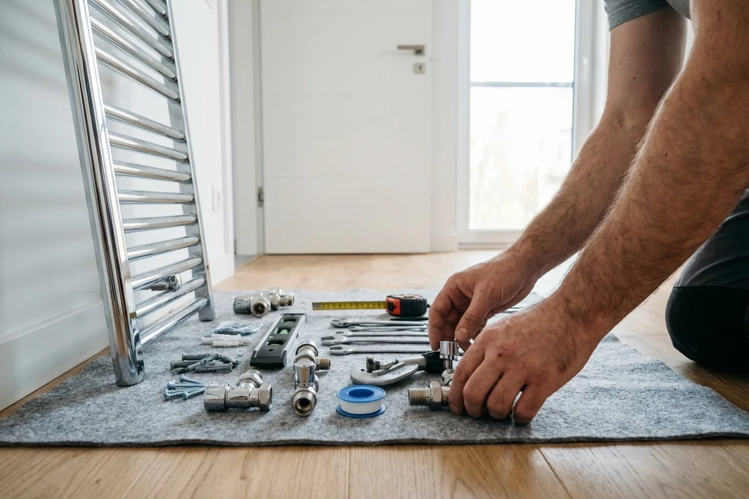 Встановлення рушникосушки у Варшаві, майстер HandyMan24 за роботою