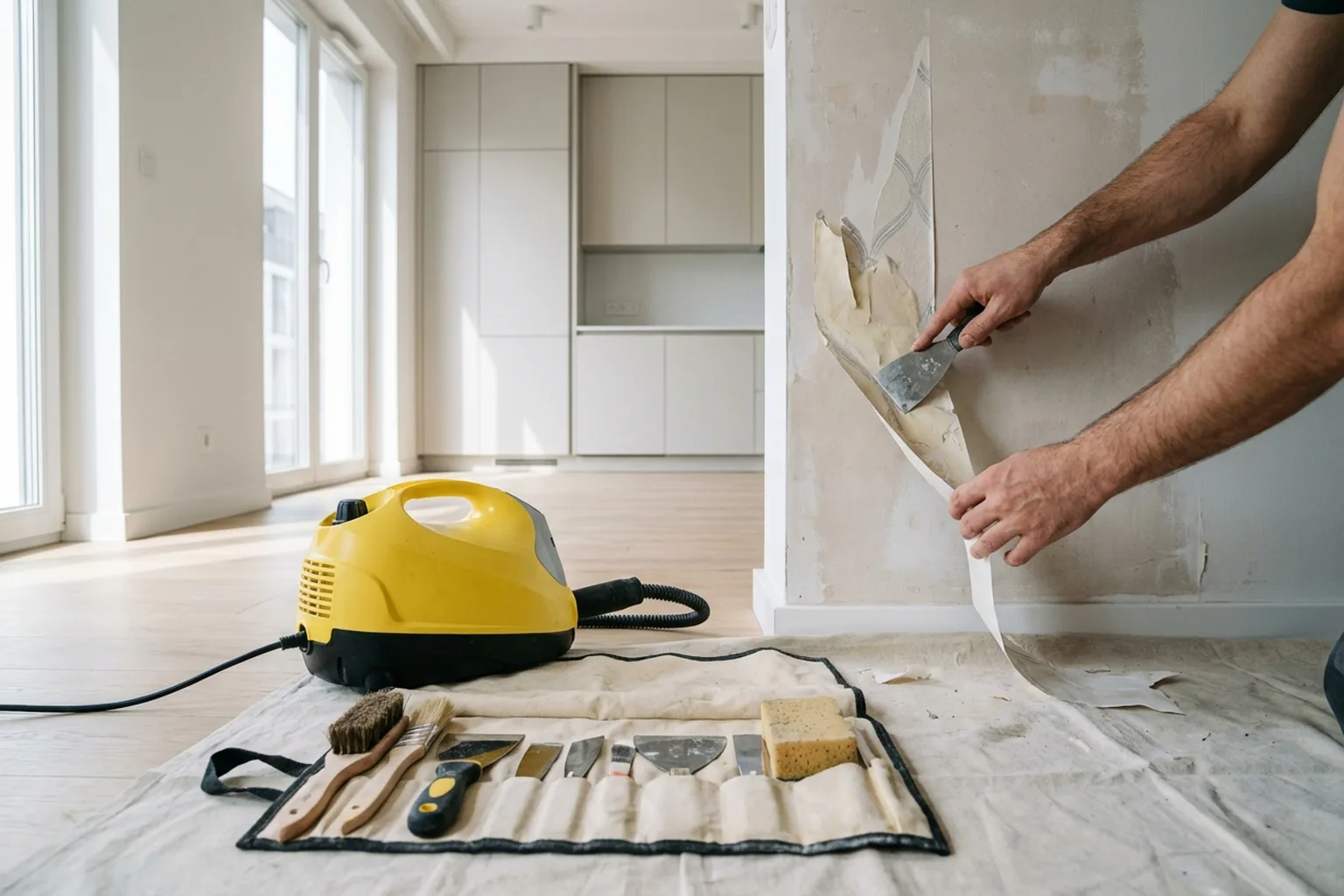 Зняття старих шпалер у Варшаві: майстер HandyMan24 за роботою