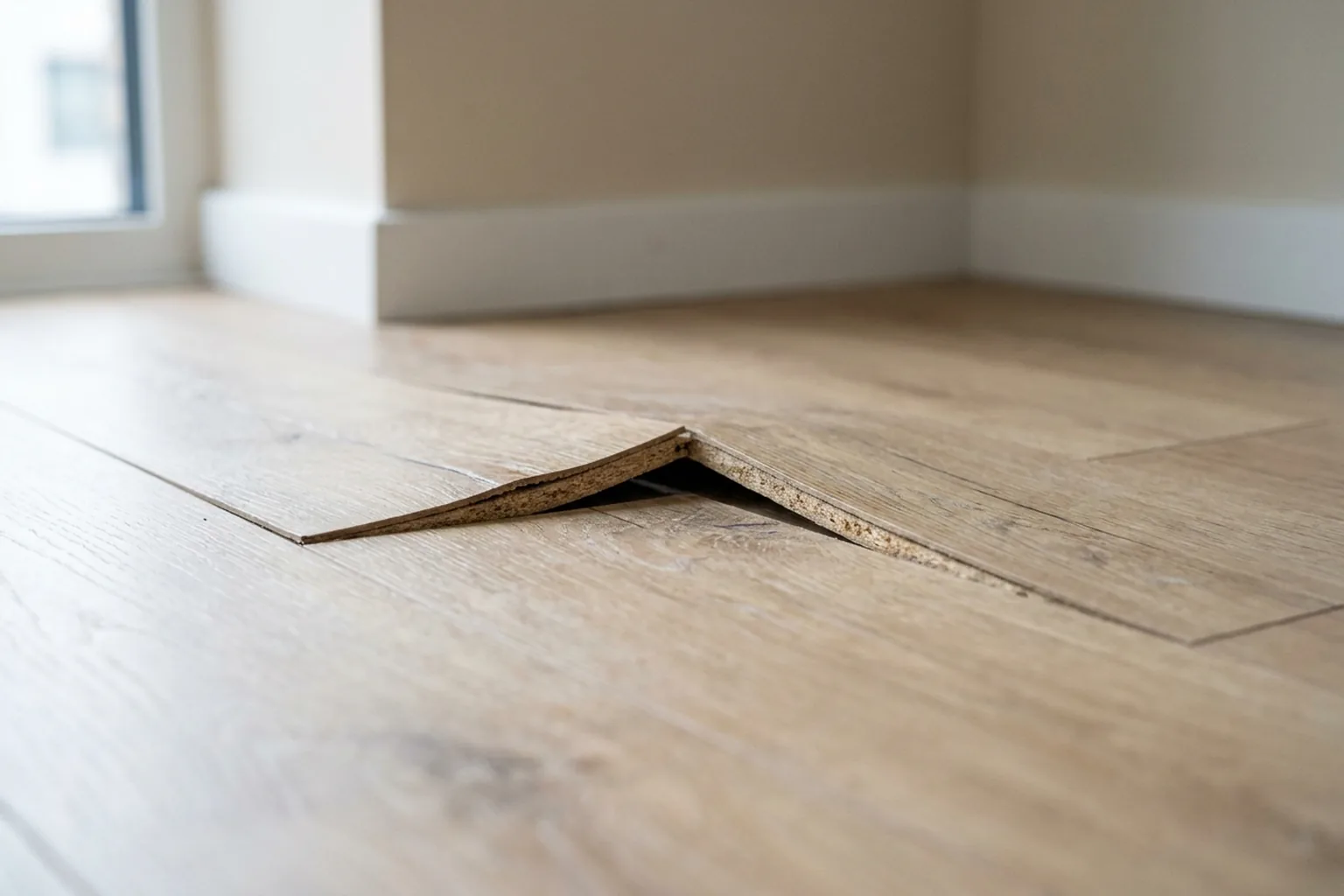 Swollen laminate joint after water damage — boards lifted at the seam