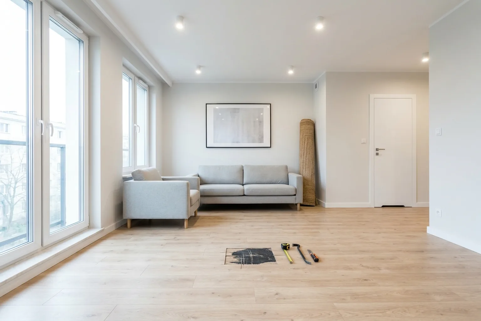 Room prepared for floor repair: furniture moved aside, area cleared