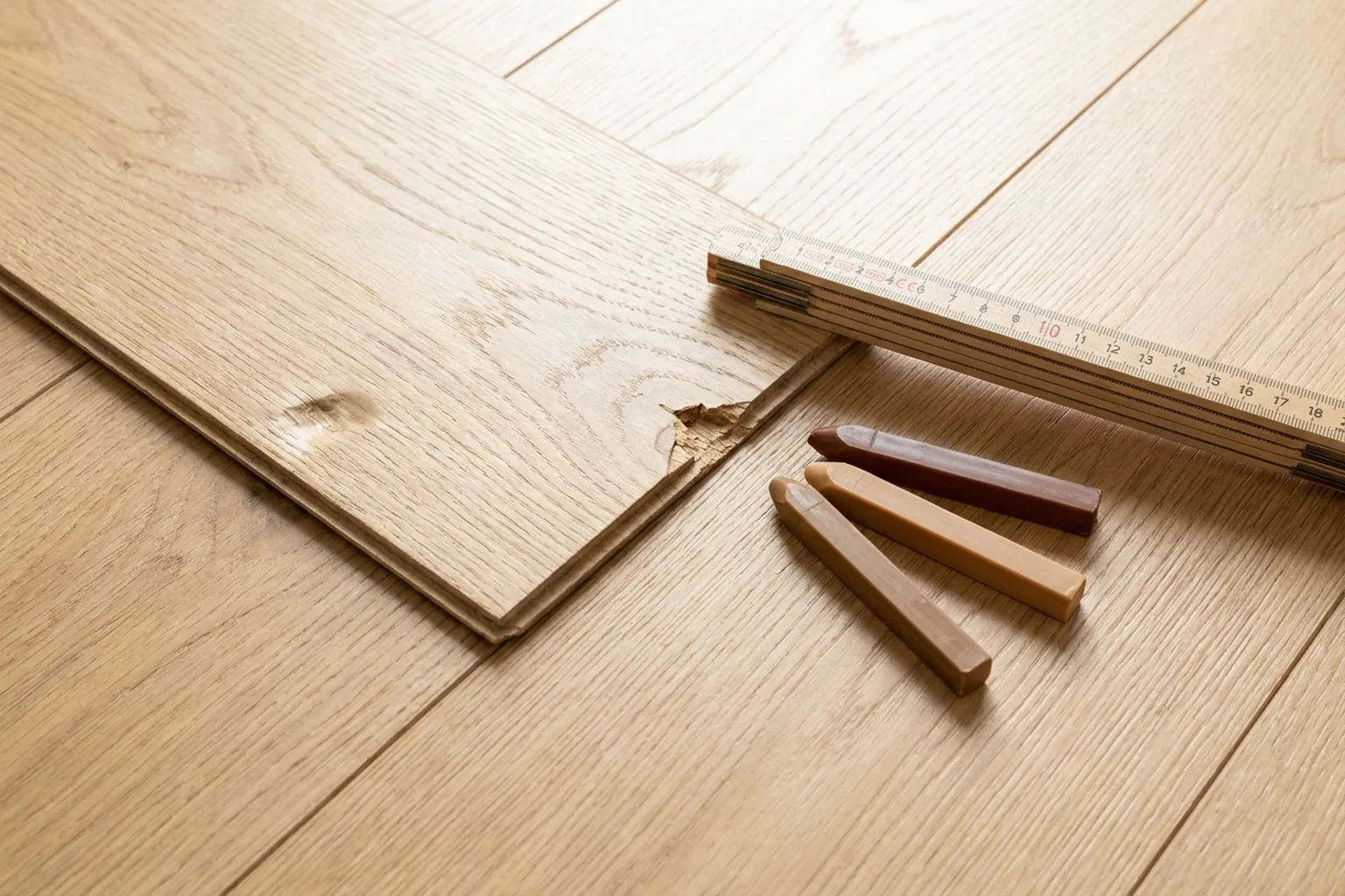 Chipped laminate board with a folding rule and hard wax repair sticks