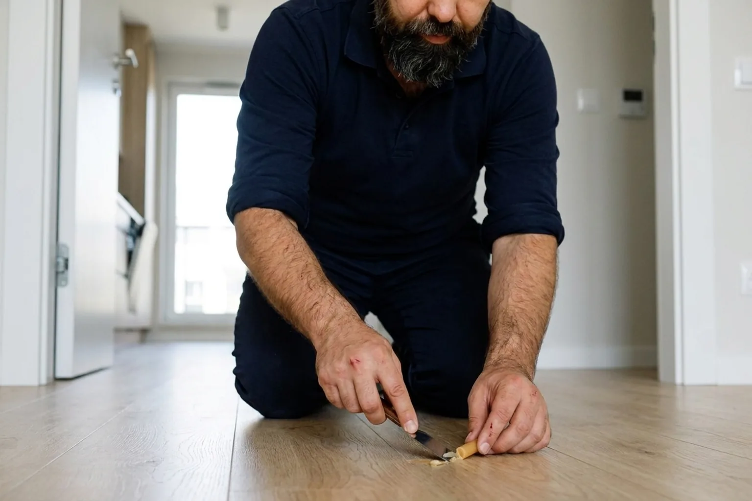 Handyman filling a chip in a laminate board with hard wax and a spatula