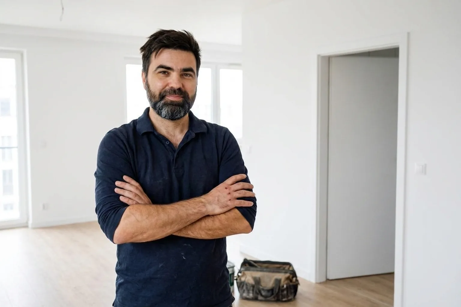Handyman standing on a repaired laminate floor in a Warsaw apartment