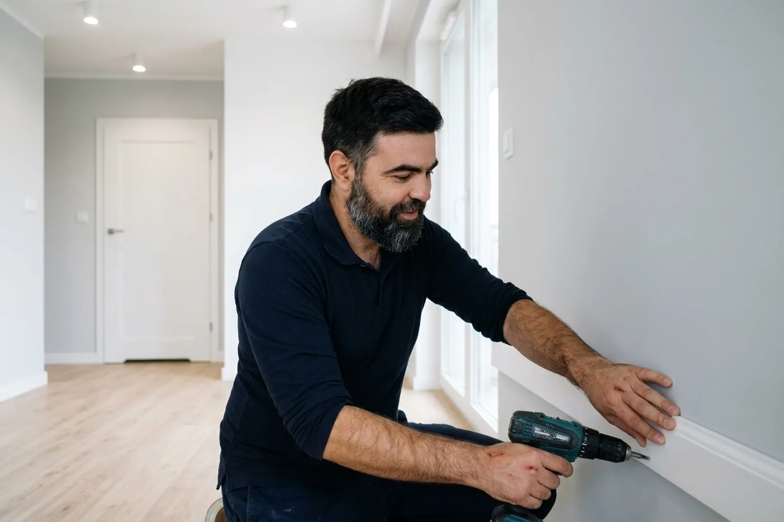 Handyman fitting a new skirting board along a dried wall