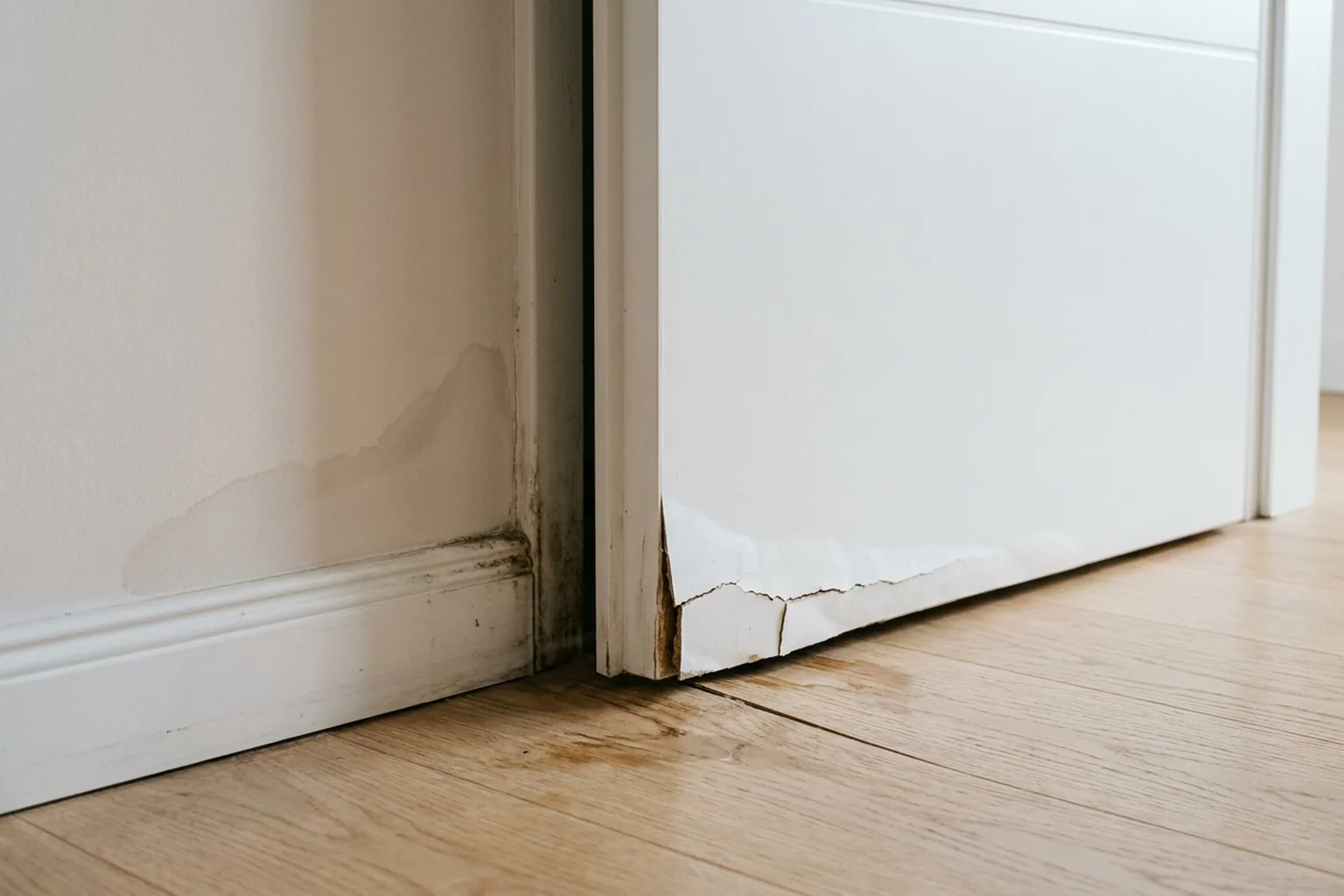 Swollen bottom of an interior door and a damp mark on the wall after flooding