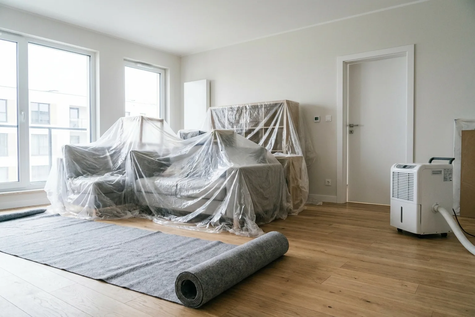 Room prepared for repair after flooding: furniture covered with sheeting, dryer ready