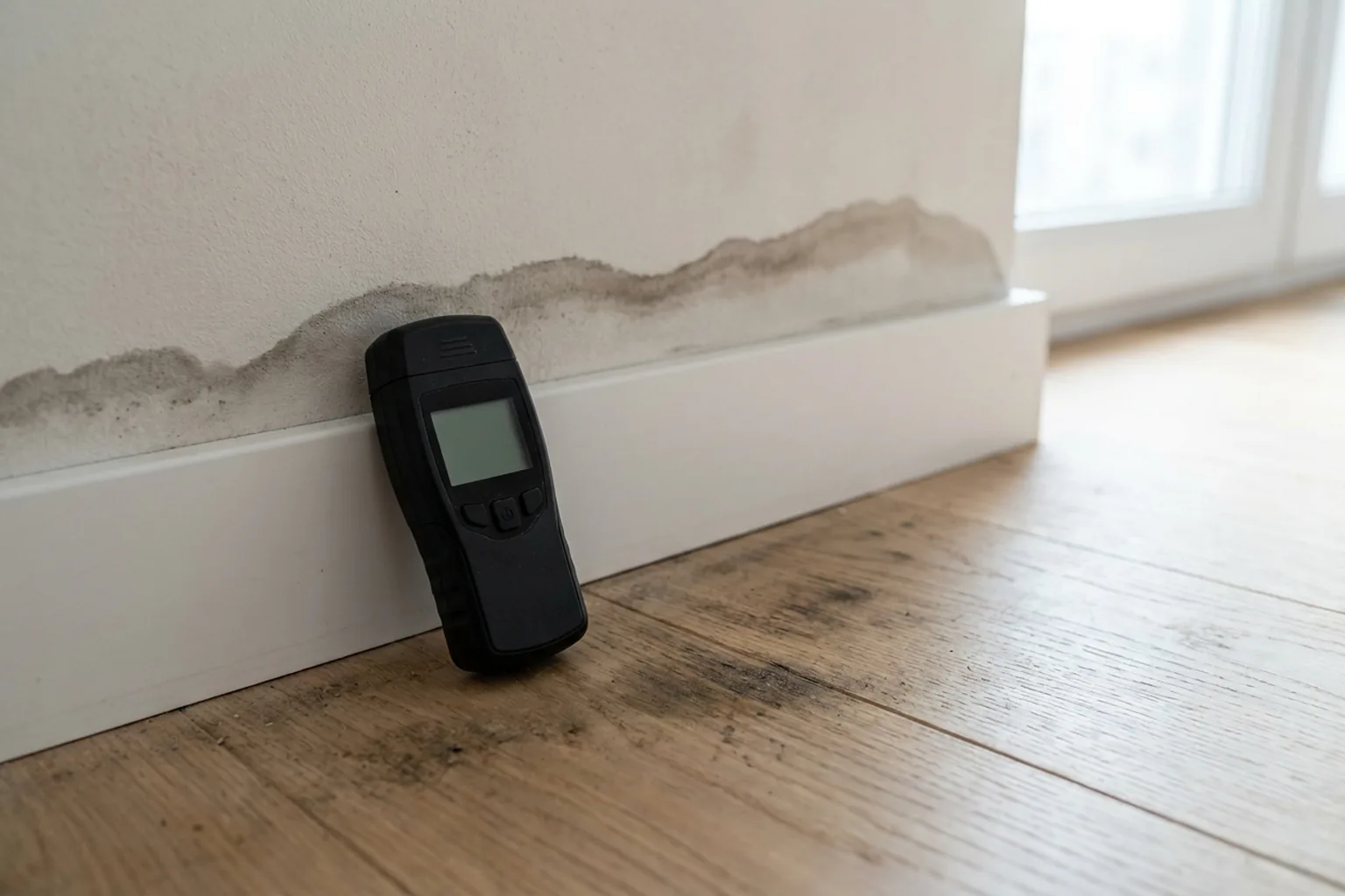 Moisture meter by the skirting board on a wall with a damp tide-mark