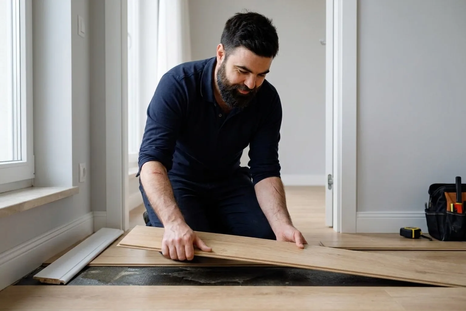 Handyman lifting a swollen laminate board to open the floor for drying