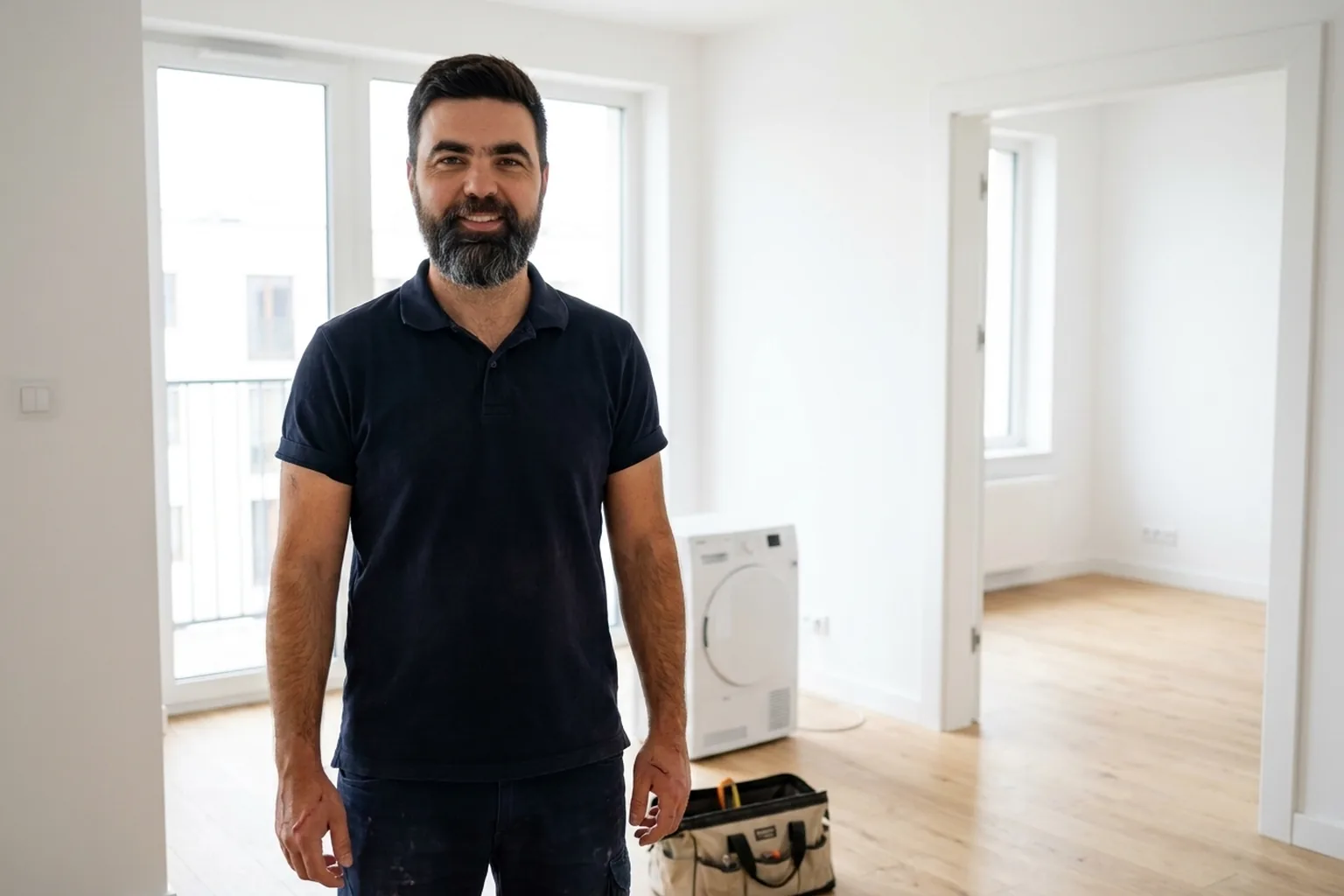 Handyman in a Warsaw apartment restored after flooding