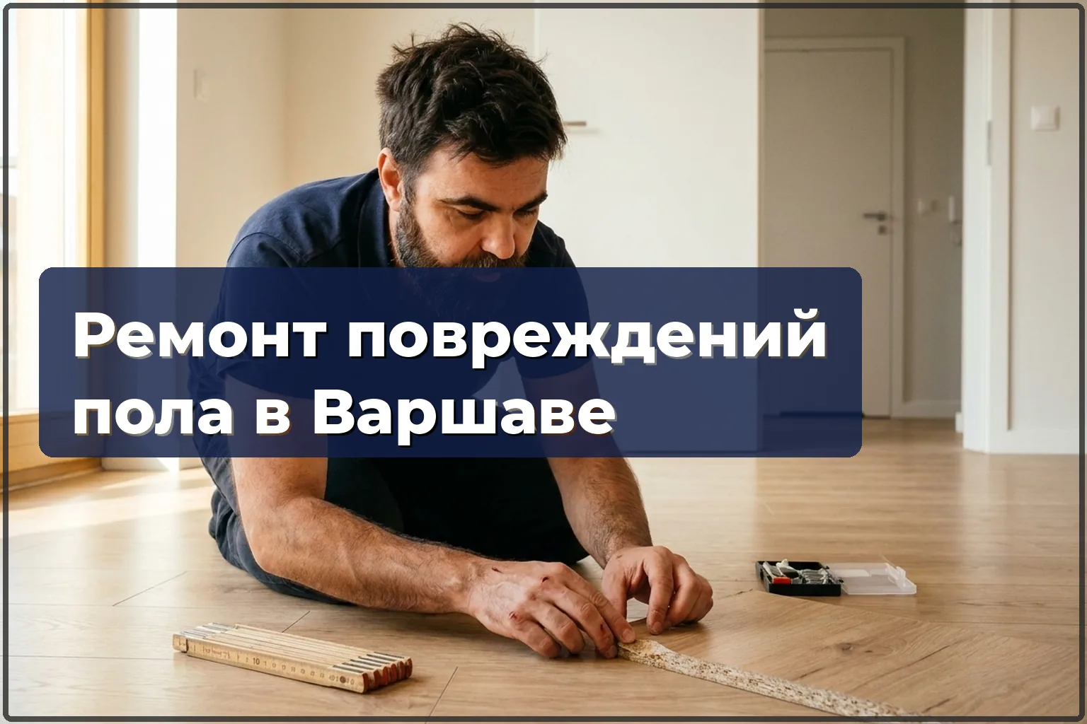 Ремонт повреждений пола в Варшаве: мастер осматривает скол на ламинате