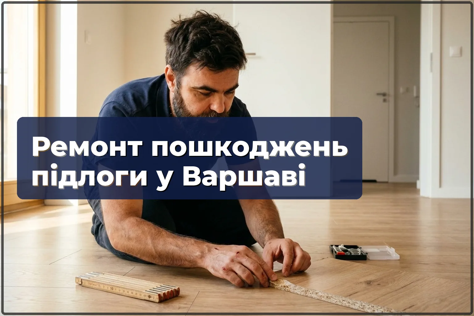 Ремонт пошкоджень підлоги у Варшаві: майстер оглядає скол на ламінаті