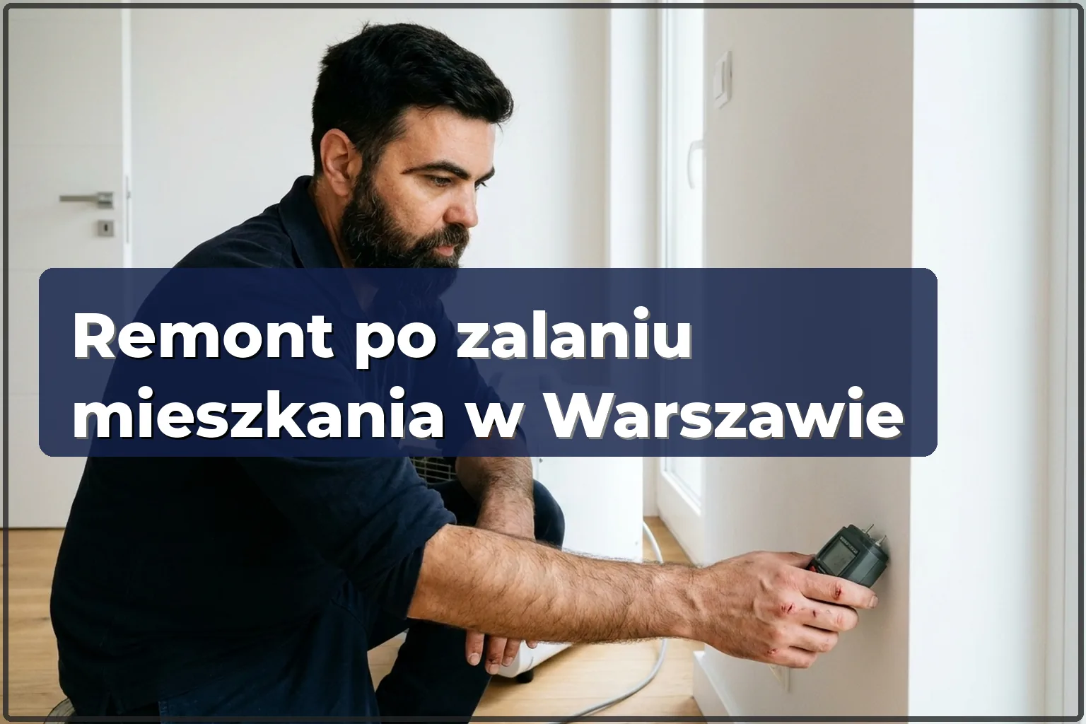 Remont po zalaniu mieszkania w Warszawie: majster mierzy wilgotność ściany, pracuje osuszacz