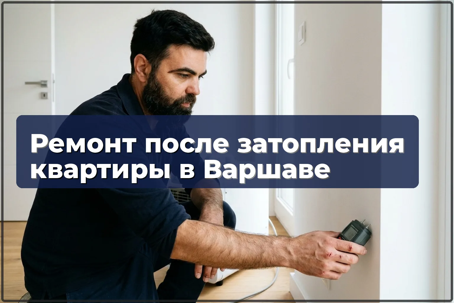 Ремонт после затопления квартиры в Варшаве: мастер замеряет влажность стены, работает осушитель