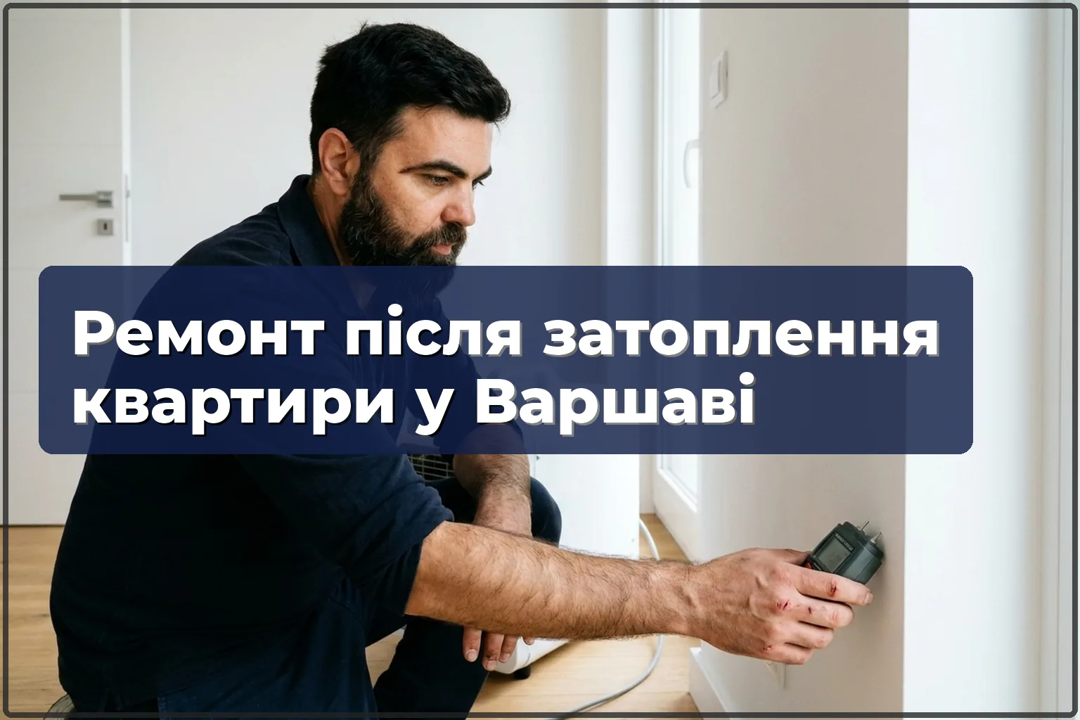 Ремонт після затоплення квартири у Варшаві: майстер вимірює вологість стіни, працює осушувач