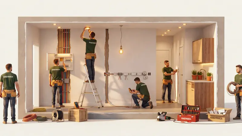Elektrycy przy instalacji w przekroju mieszkania